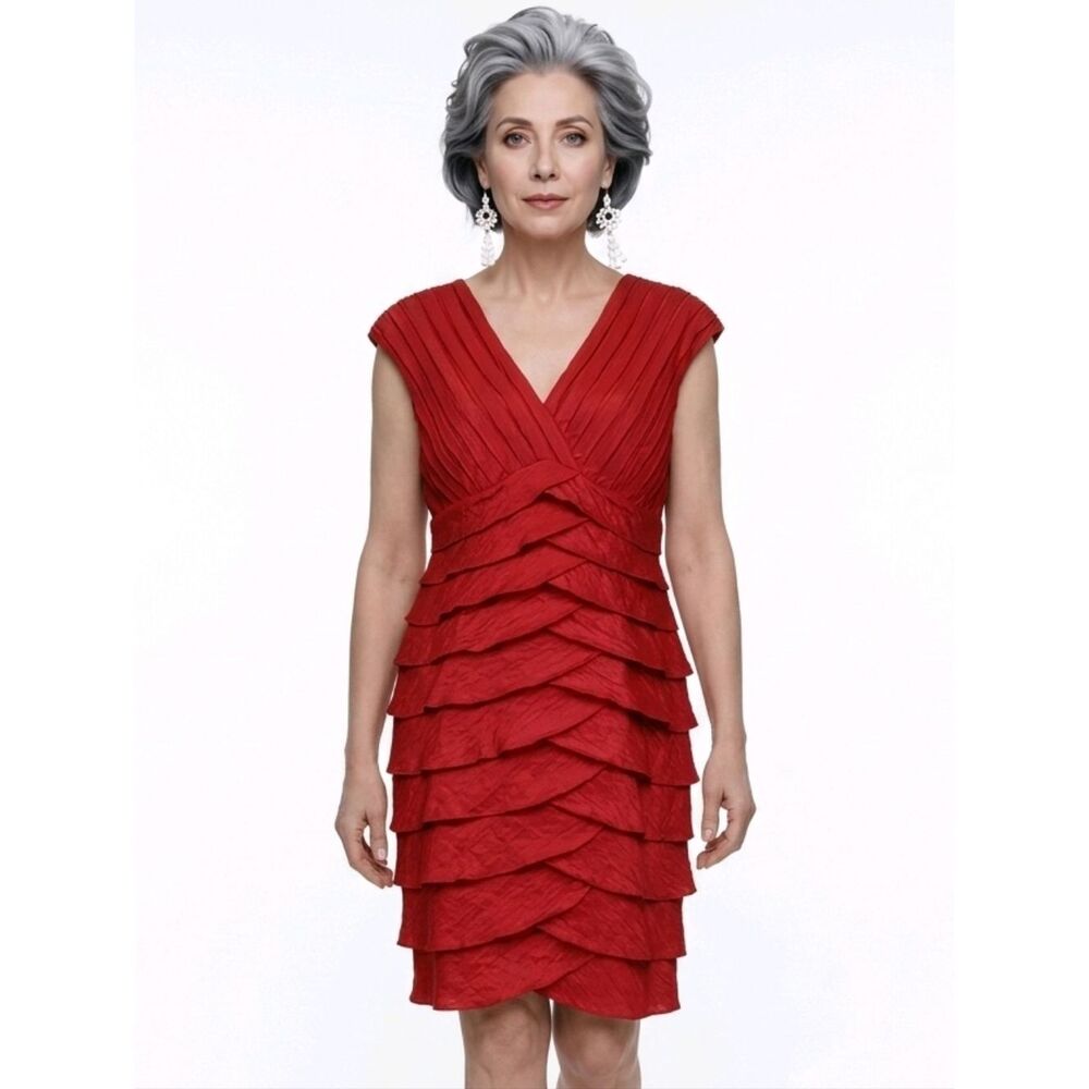 Adrianna Papell Red V-neck Shutter Pleat Slim Fit Special Occasion Dress Size 14